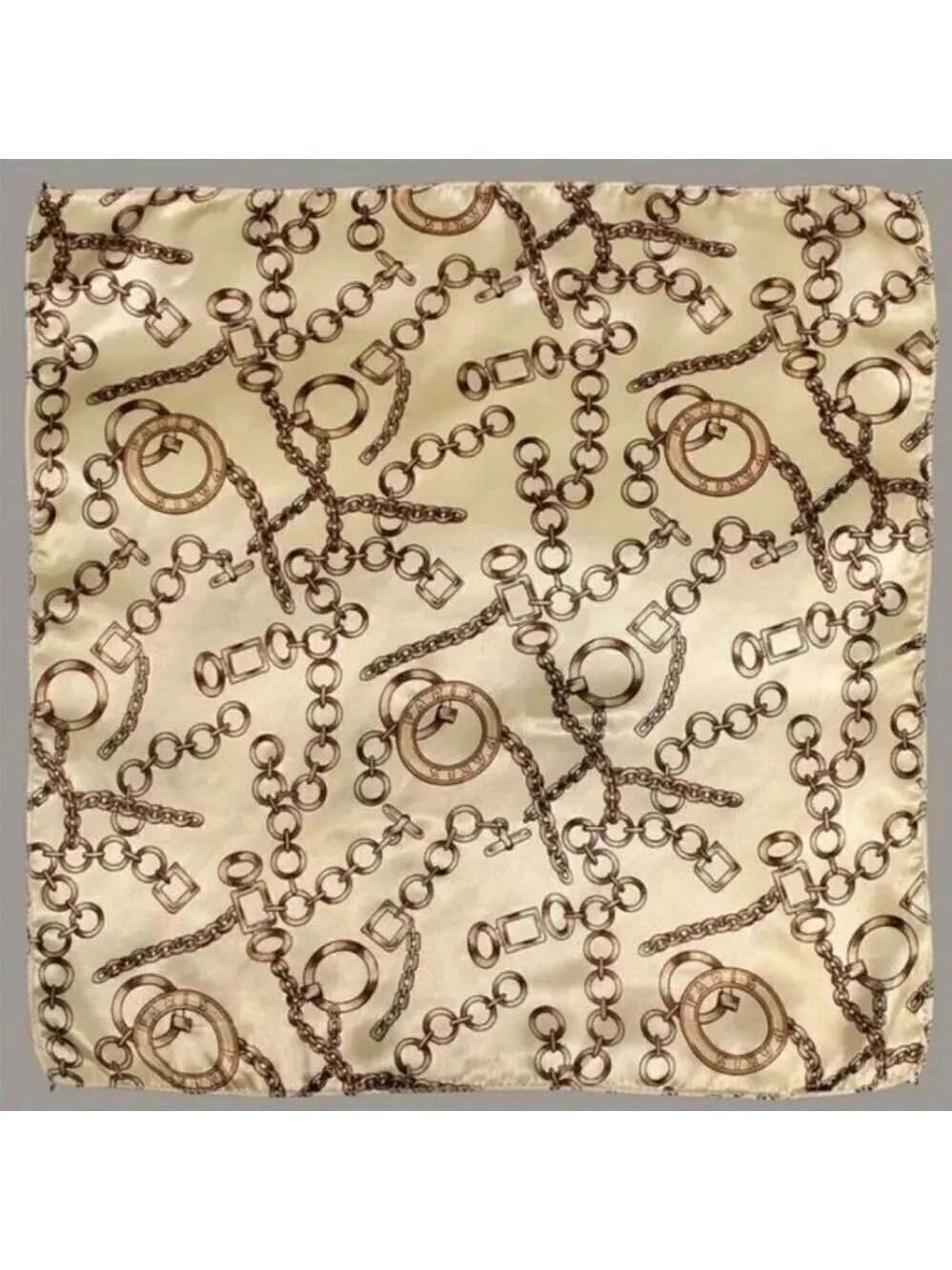 Vintage Style Chain Print Square Scarf Beige and Brown Elegant Satin Neckerchief